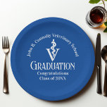 Custom Blue Veterinary School Graduation Party Paper Plates<br><div class="desc">This modern custom blue veterinary medicine school graduation party paper plate features the college graduate name in elegant white script for the class of 2026. Customize with your university under the veterinarian medical caduceus for great commemorative graduation decor for a DVM.</div>