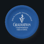 Custom Blue Veterinary School Graduation Party Paper Plates<br><div class="desc">This modern custom blue veterinary medicine school graduation party paper plate features the college graduate name in elegant white script for the class of 2026. Customize with your university under the veterinarian medical caduceus for great commemorative graduation decor for a DVM.</div>