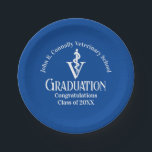 Custom Blue Veterinary School Graduation Party Paper Plates<br><div class="desc">This modern custom blue veterinary medicine school graduation party paper plate features the college graduate name in elegant white script for the class of 2026. Customize with your university under the veterinarian medical caduceus for great commemorative graduation decor for a DVM.</div>