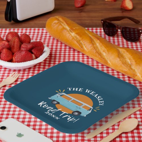 Custom Blue Vintage Camper Car Family Road Trip Paper Plates