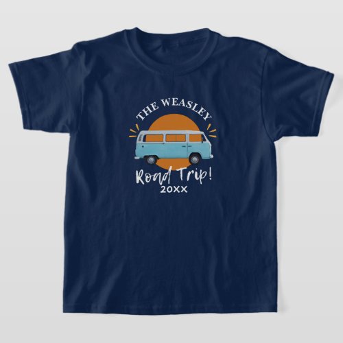 Custom Blue Vintage Camper Car Family Road Trip  T_Shirt