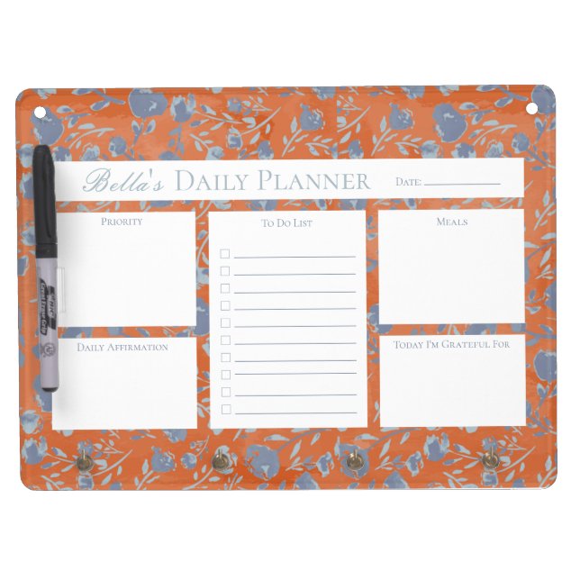 Custom Blue Watercolor Floral Dry Erase Board (Front)