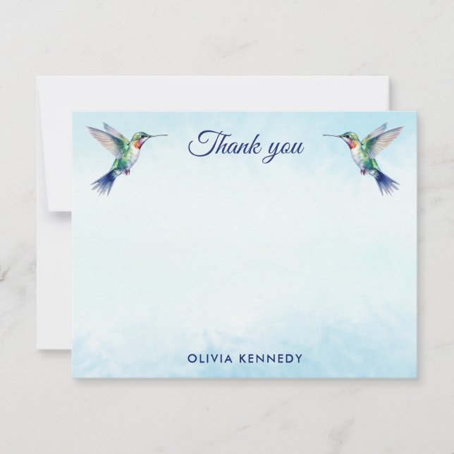 Custom Blue Watercolor Hummingbird Thank You    Note Card (Front)