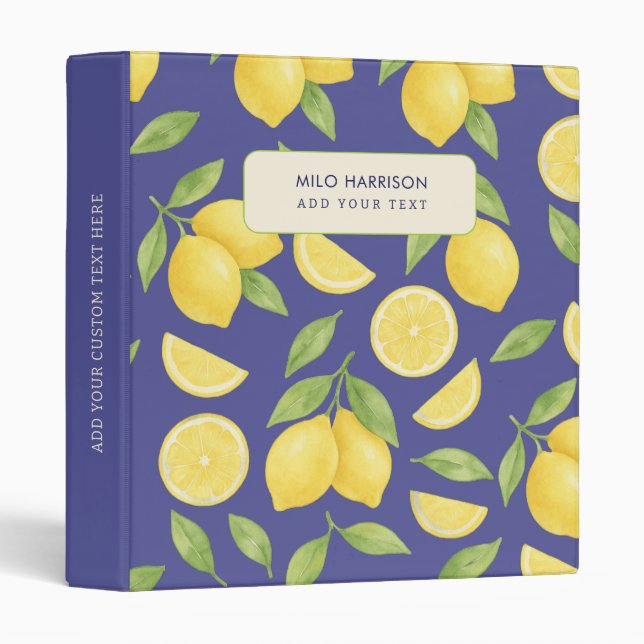 Custom Blue Watercolor Lemon Pattern  3 Ring Binder (Front/Spine)