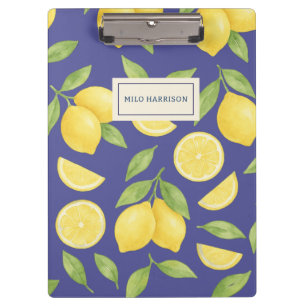 Custom Blue Watercolor Lemon Pattern Clipboard