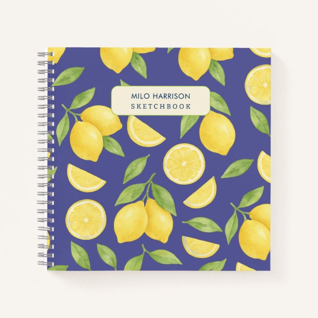 Custom Blue Watercolor Lemon Pattern  Notebook (Front)