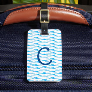Custom Blue Watercolor Wave Initial Luggage Tag