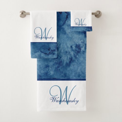 Custom Blue Watercolor White  Elegant Monogrammed Bath Towel Set
