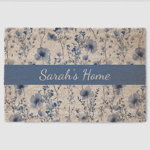 Custom Blue Watercolor Wildflower Floral Name Fiber Doormat