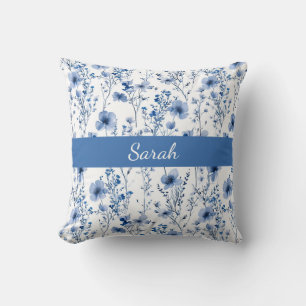Custom Blue Watercolor Wildflower Floral Name Throw Pillow