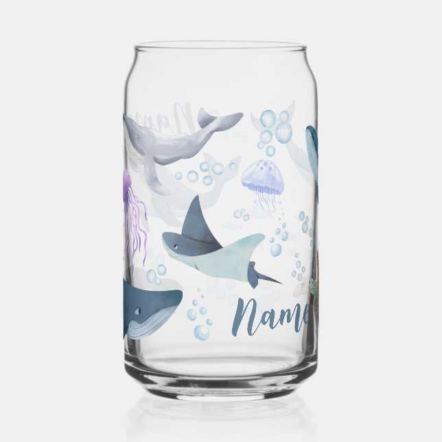 Custom Blue Whale and Turtle Ocean Bubble Scene Can Glass (Front)