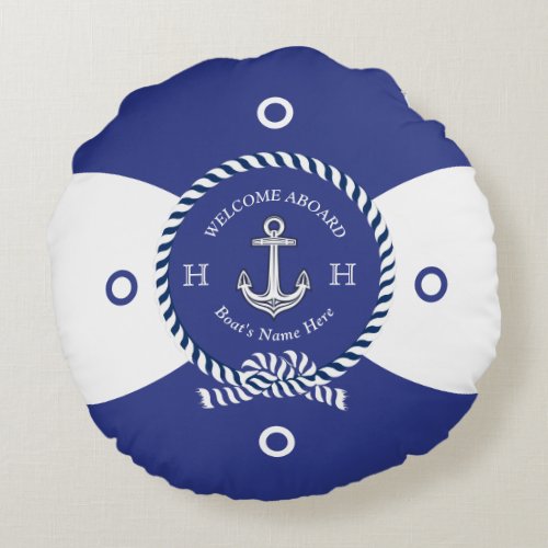 Custom Blue White Anchor Life Ring Nautical Round  Round Pillow