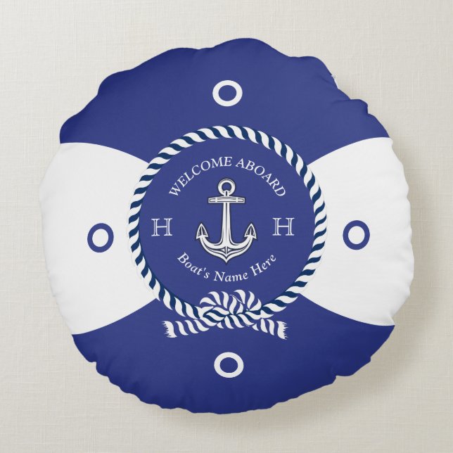 Custom Blue White Anchor Life Ring Nautical Round  Round Pillow (Back)