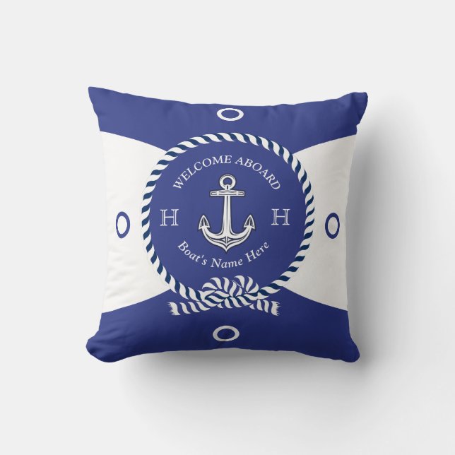 Custom Blue White Anchor Life Ring Nautical Throw Pillow (Front)