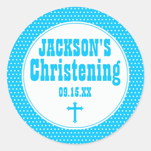 Custom Blue & White Dot Christening Sticker, Cross Classic Round Sticker (Front)