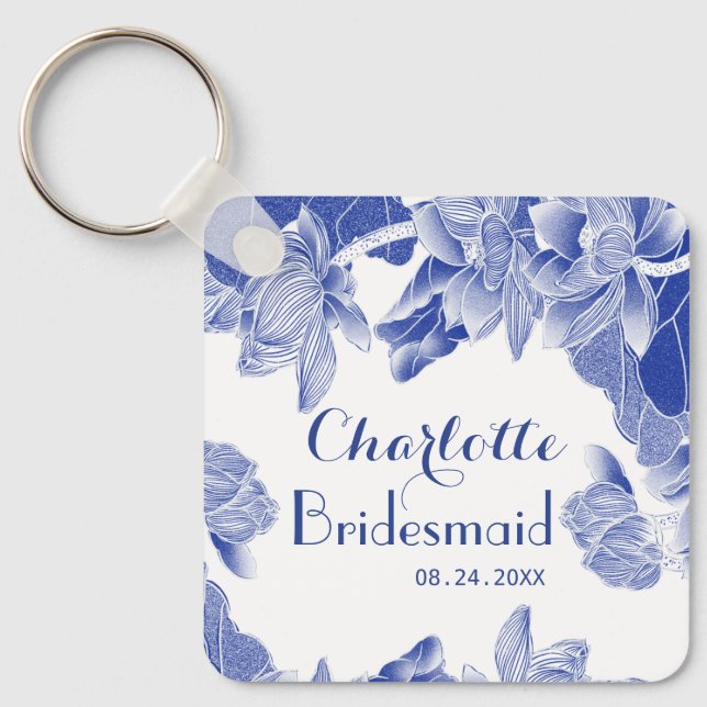 Custom Blue White Floral Bridesmaid Wedding Favor Keychain (Front)