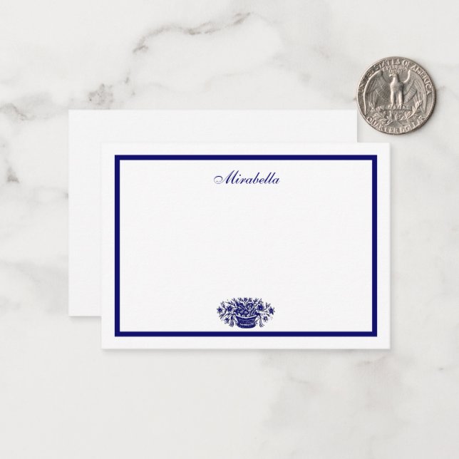 Custom Blue White Flowers Blue Border 3.5x2.5 Note Card (Front/Back In Situ)