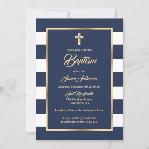 Custom Blue White Gold Stripe Boy Baptism Invitation
