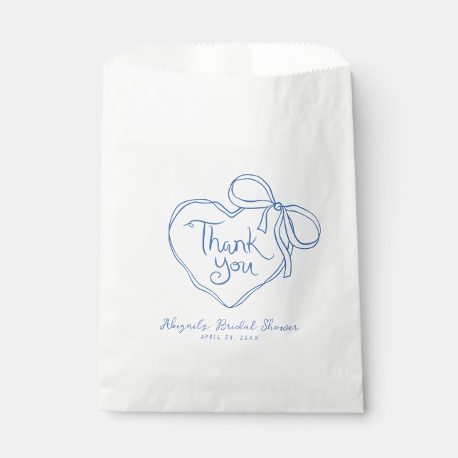 Custom Blue White Hand Drawn Heart Bow Thank You Favor Bag (Front)