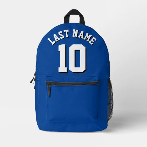 Custom Blue White Last Name Sports Jersey Number Printed Backpack