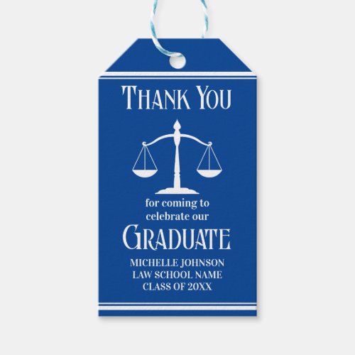 Custom Blue White Law School Graduation Party Gift Tags