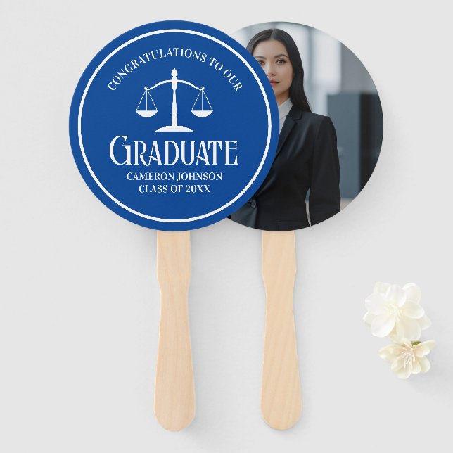 Custom Blue White Law School Graduation Party Hand Fan (Front and Back)