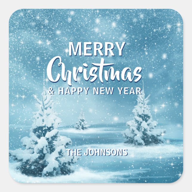 Custom Blue White MERRY CHRISTMAS Tree Winter Square Sticker (Front)