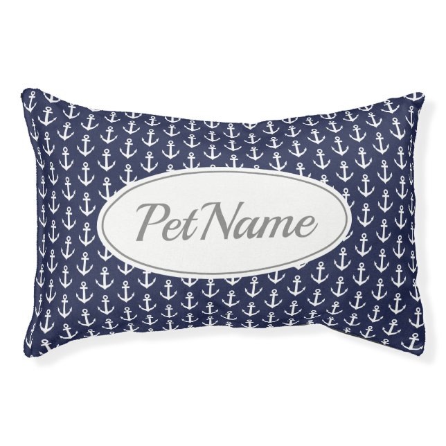 Custom blue white nautical anchor pattern dog bed (Front)