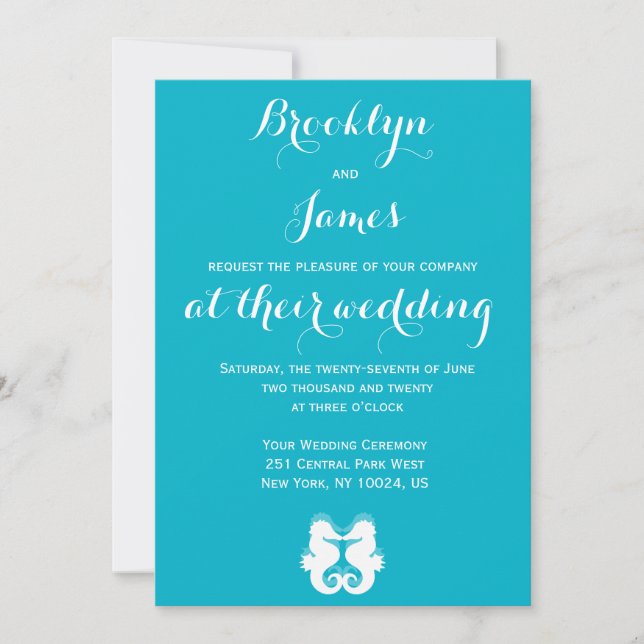 Custom Blue White Seahorse Wedding Invitations (Front)