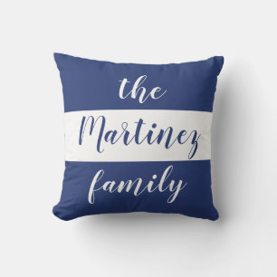 Custom Blue White Stripes Family Name Throw Pillow