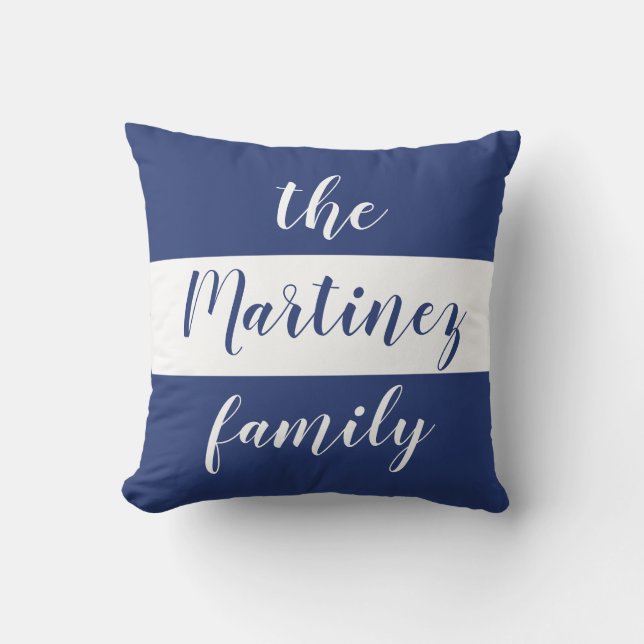 Custom Blue White Stripes Family Name Throw Pillow (Front)