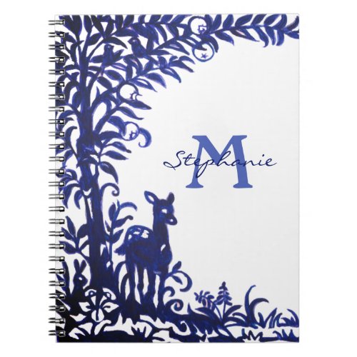 Custom Blue  White Woodland Deer Bunny Monogram Notebook