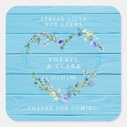 Custom Blue Wood Floral Heart Wedding Sanitizer Square Sticker