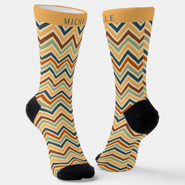 Custom Blue Yellow Brown Green Chevron Pattern Socks (Angled)