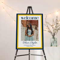 Custom Blue Yellow Photo Graduation Welcome Sign