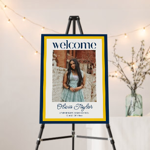 Custom Blue Yellow Photo Graduation Welcome Sign