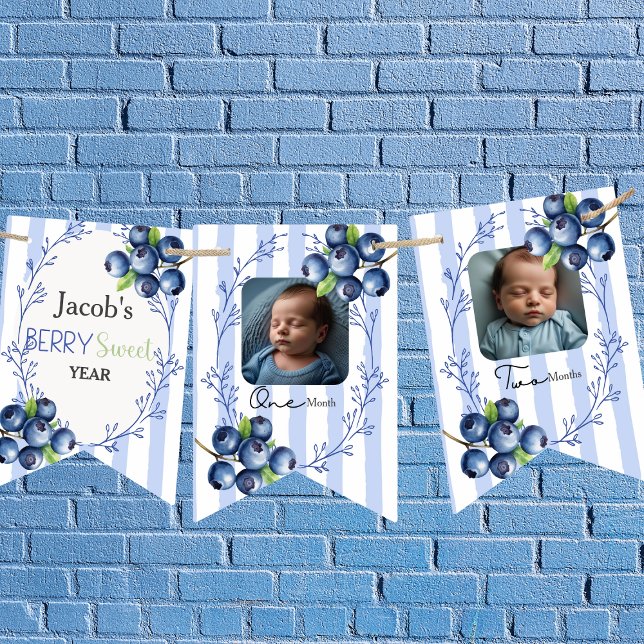 Custom  Blueberry 1st Birthday 12 Photo   Bunting Flags (Berry Sweet Book Request boy Enclosure Card)