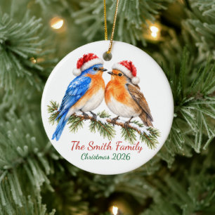 Custom Bluebird Robin Winter Couple Ceramic Circle Ornament