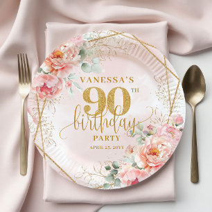 Custom Blush Floral Gold Glitter 90th Birthday Paper Plates