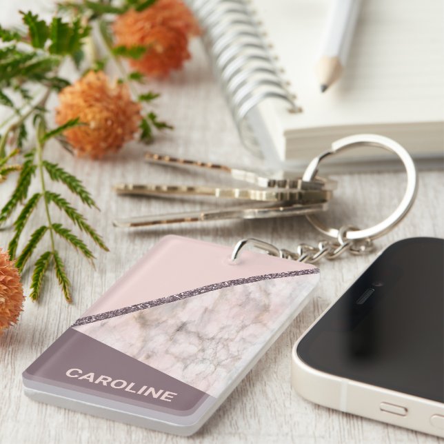 Custom Blush Mauve Pink Glitter Stripes Pattern Keychain (Front Right)