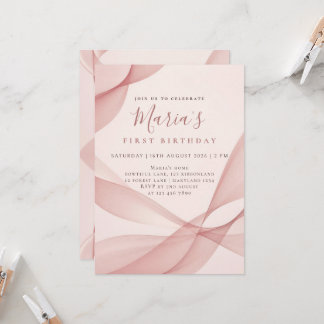 Custom Blush Pink Abstract Wave First Birthday Invitation