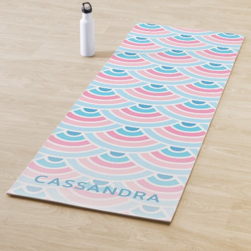 Custom Blush Pink Aqua Blue Wave Circles Pattern Yoga Mat
