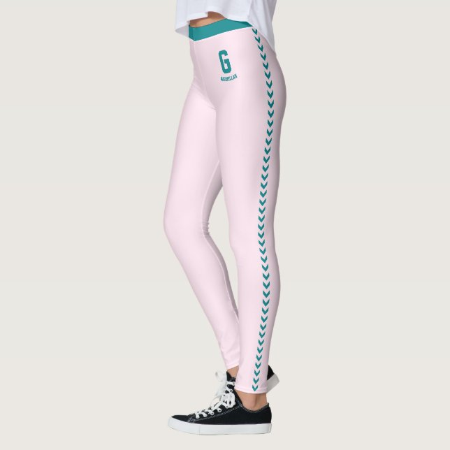 Custom Blush Pink Black Stripes Pattern  Monogram Leggings (Left)