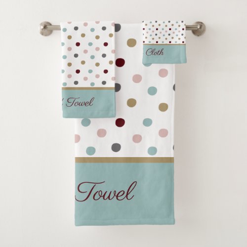 Custom Blush Pink  Blue Gold Red Polka Dots Bath Towel Set