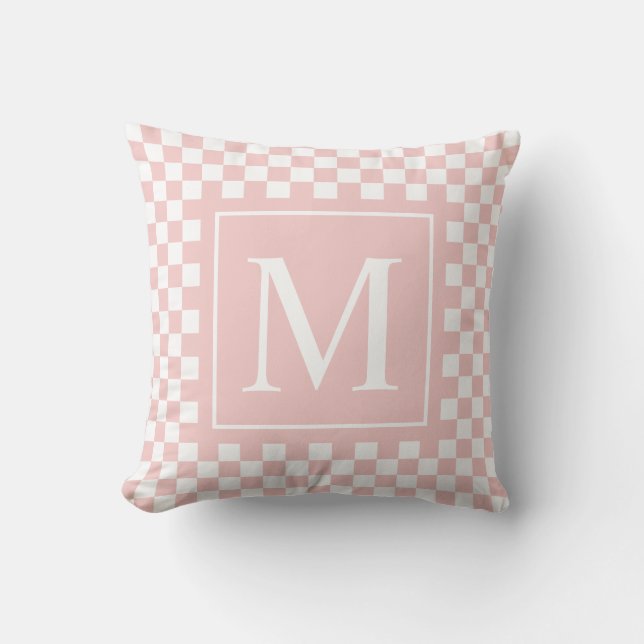 Custom Blush Pink Checkerboard Monogram Throw Pillow (Front)