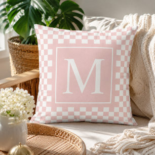 Custom Blush Pink Checkered Monogram Throw Pillow