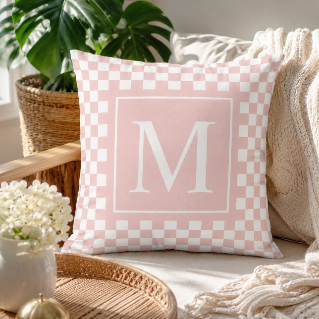Custom Blush Pink Checkered Monogram Throw Pillow (Creator Uploaded)
