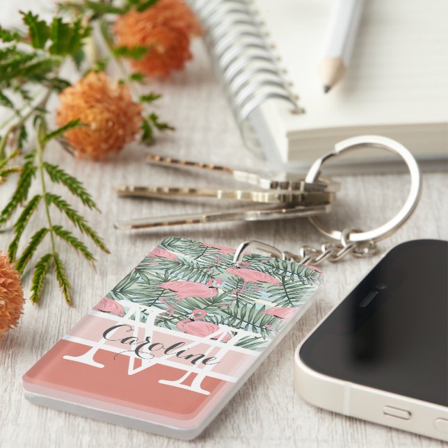 Custom Blush Pink Flamingoes Palm Leafs Pattern Keychain (Front Right)