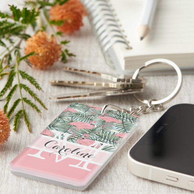 Custom Blush Pink Flamingoes Palm Leafs Pattern Keychain (Front Right)