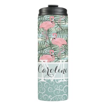 Custom Blush Pink Flamingoes Palm Leafs Pattern Thermal Tumbler by All_In_Cute_Fun at Zazzle